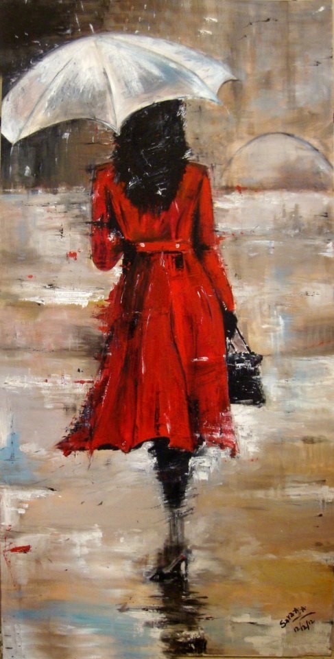 Piros kabátos nő esernyővel videós szett